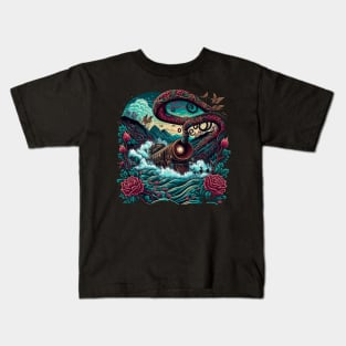 Flying steam train with waves and snakes Kids T-Shirt